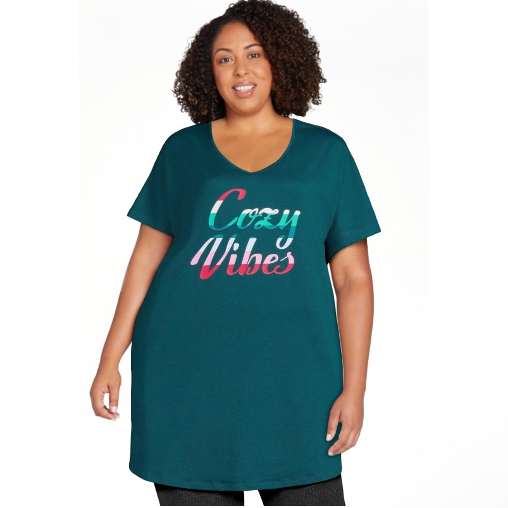 Joyspun Cozy Vibes Women’s Nightshirt Short Sleeve V Neck Forest Green 2X-3X